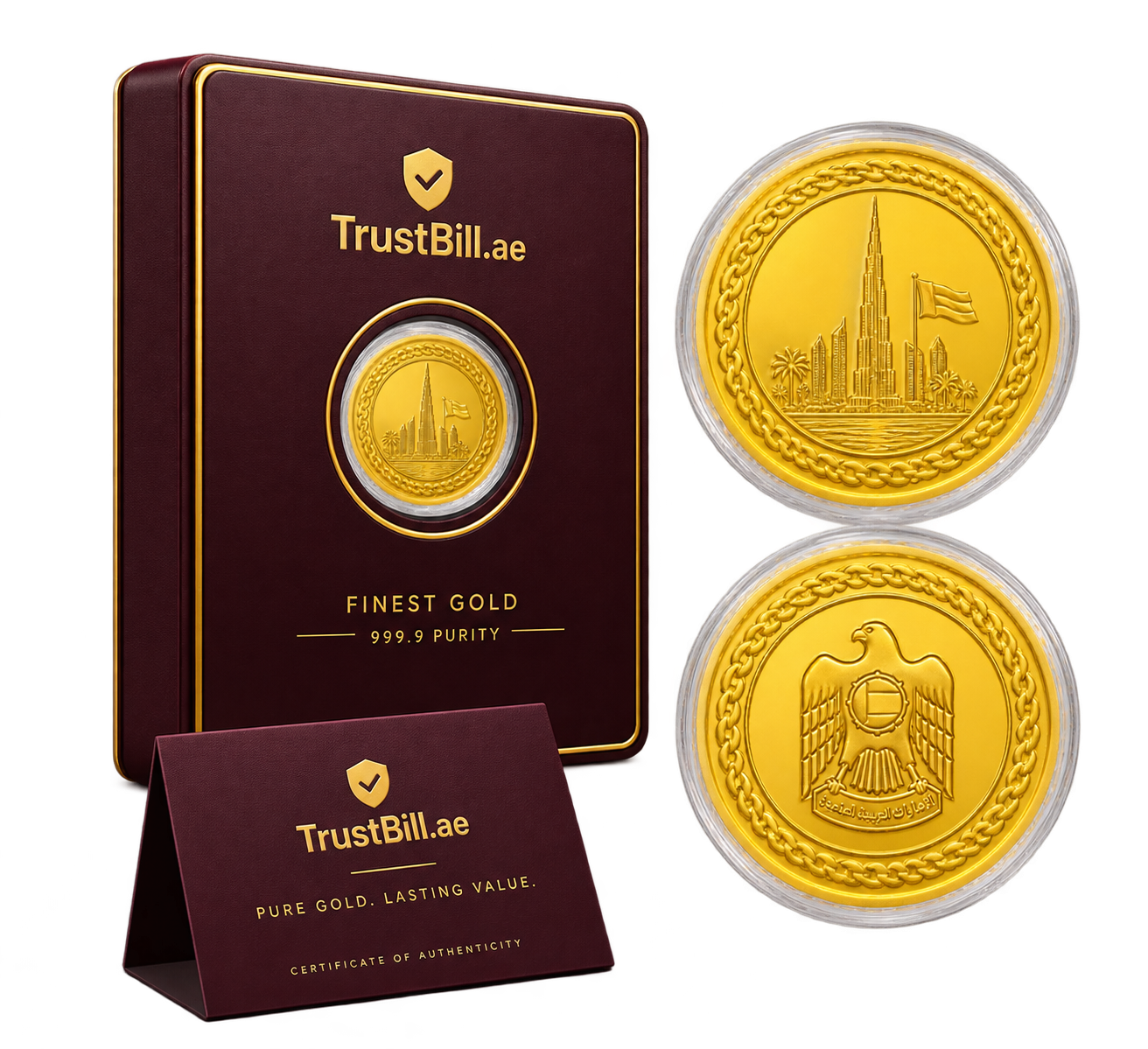 TrustBill gold coin with its presentation box and certificate